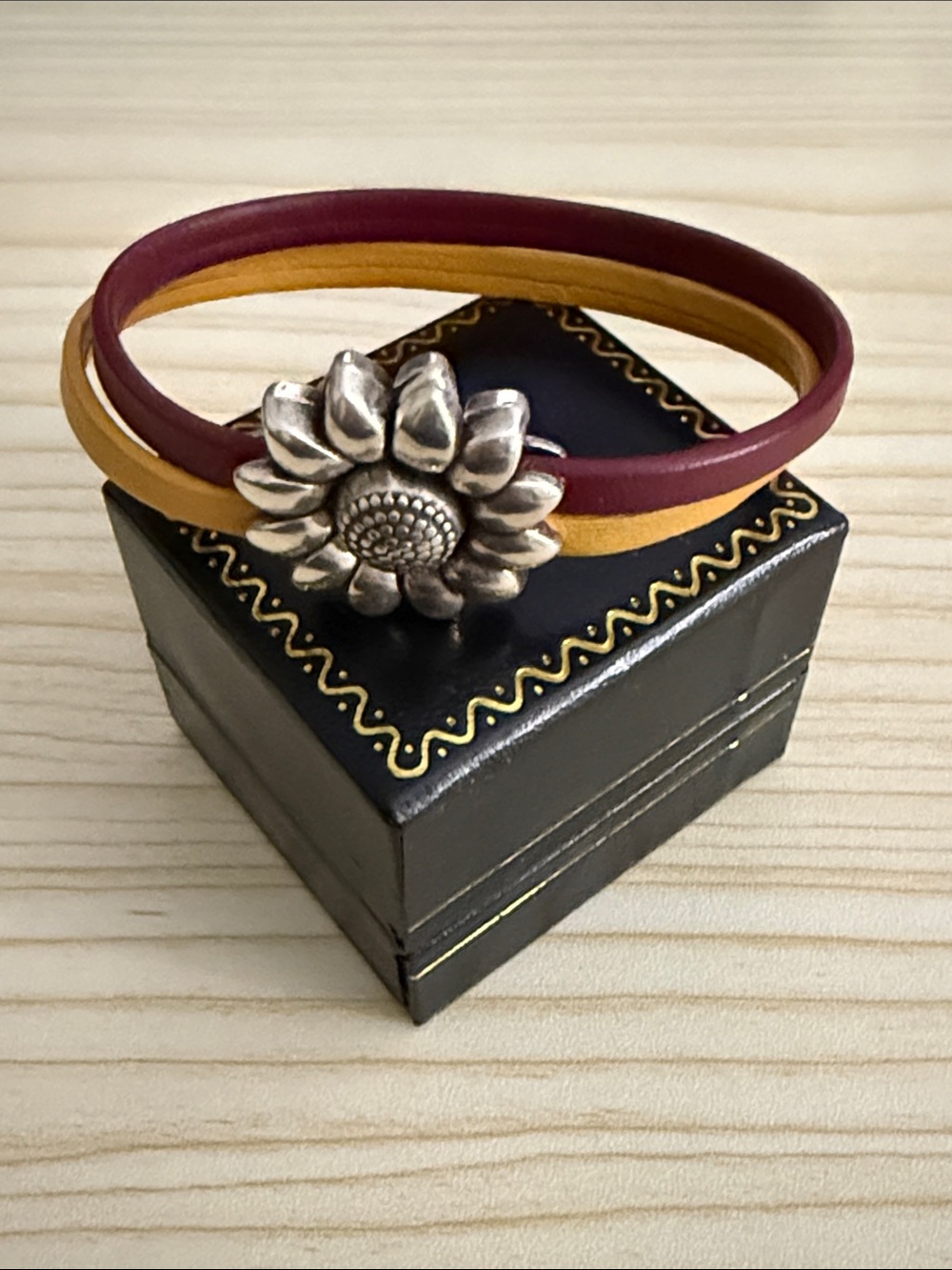 Sunflower Leather Wrap Bracelet in Burgundy and Mustard